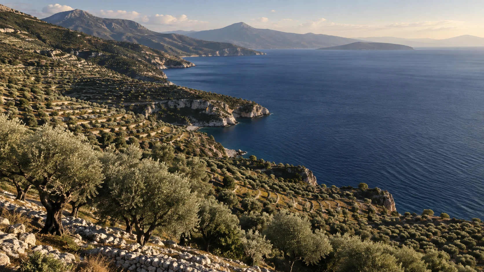Silver-green olive groves overlooking the Mediterranean Sea