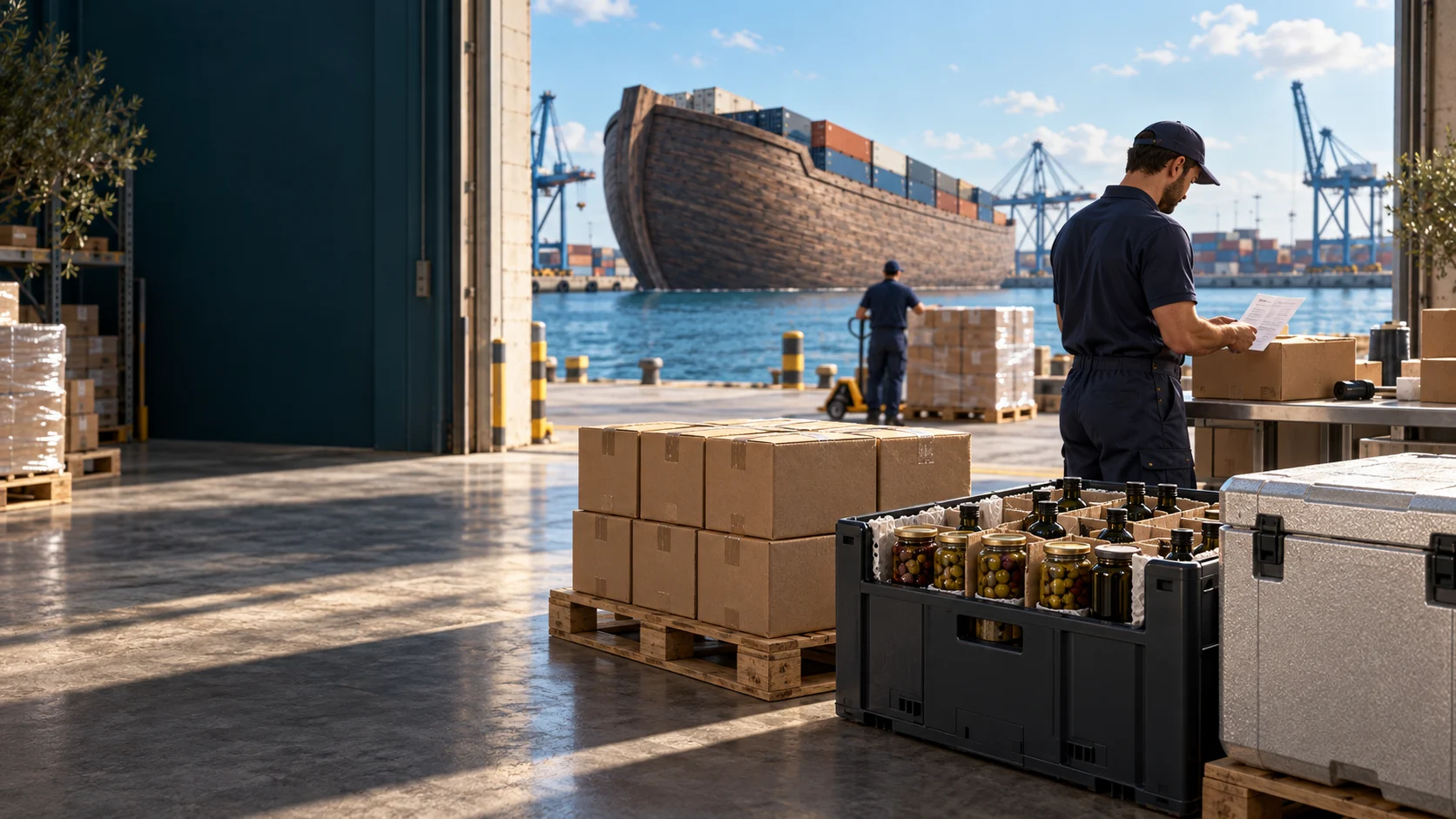 Provisions and paperwork being prepared beside a Mediterranean harbour
