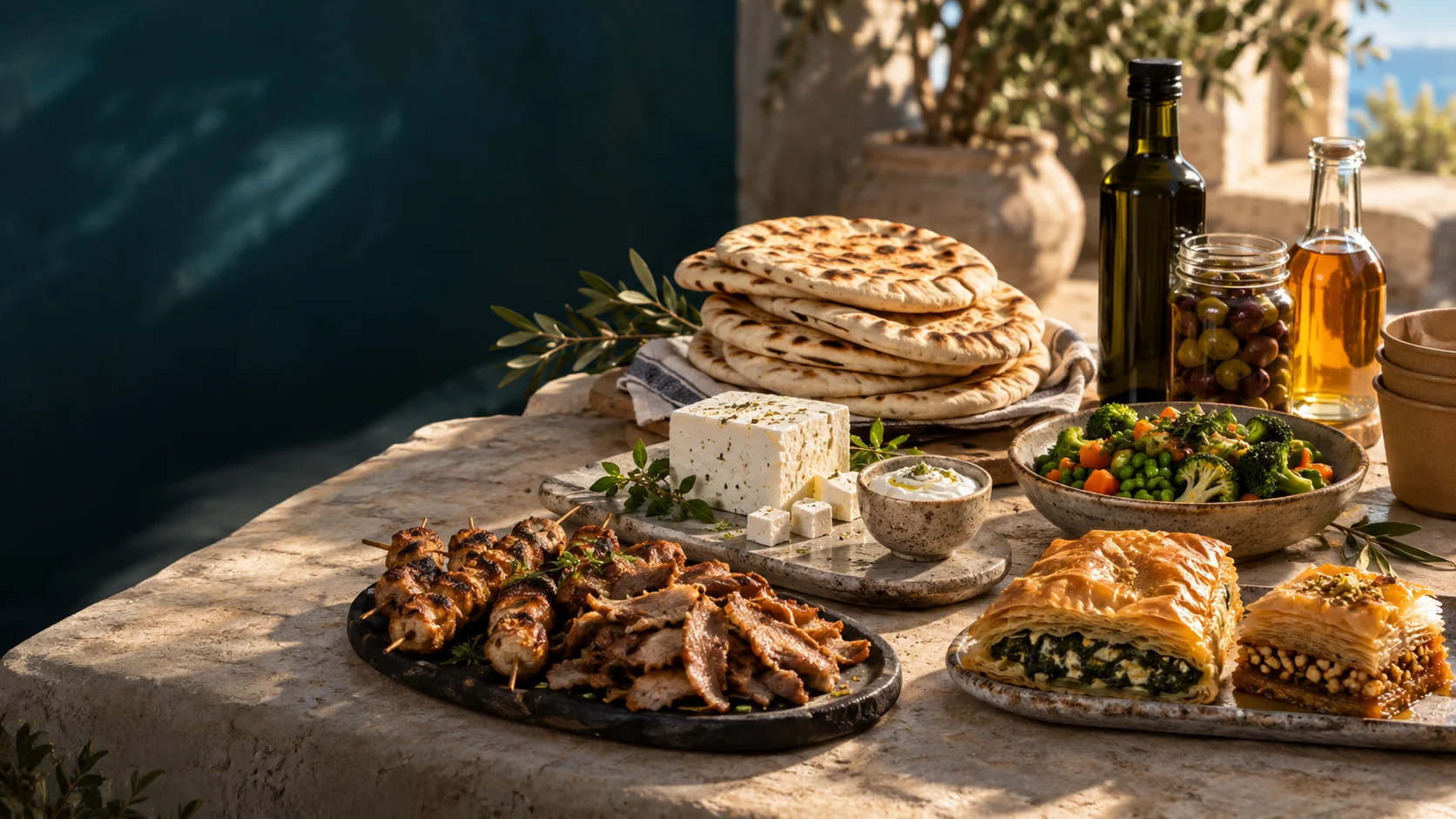Greek pita, meat, feta, spreads and traditional pastries on a sunlit table