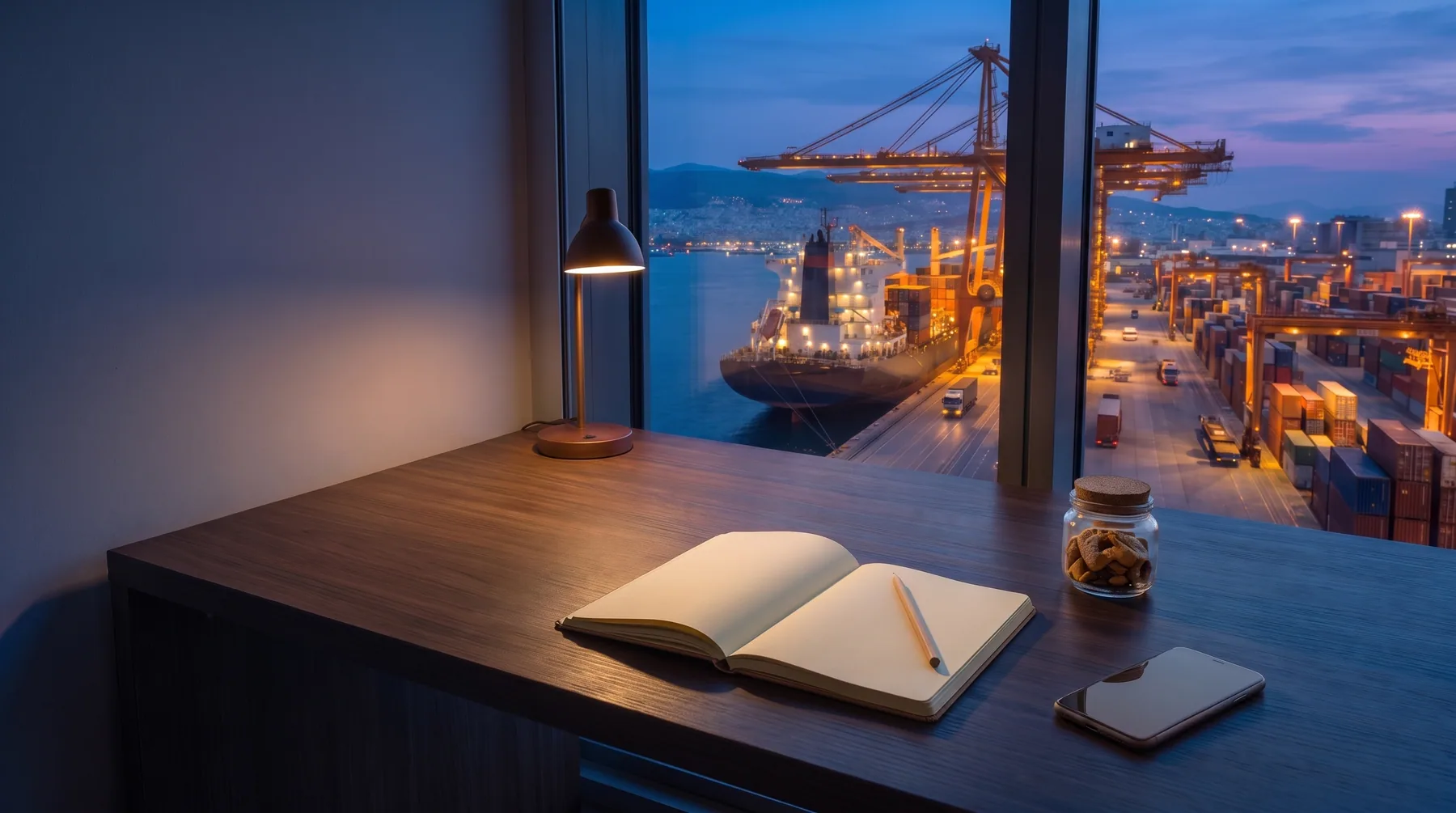 Quiet trade desk overlooking a Mediterranean commercial port at blue hour