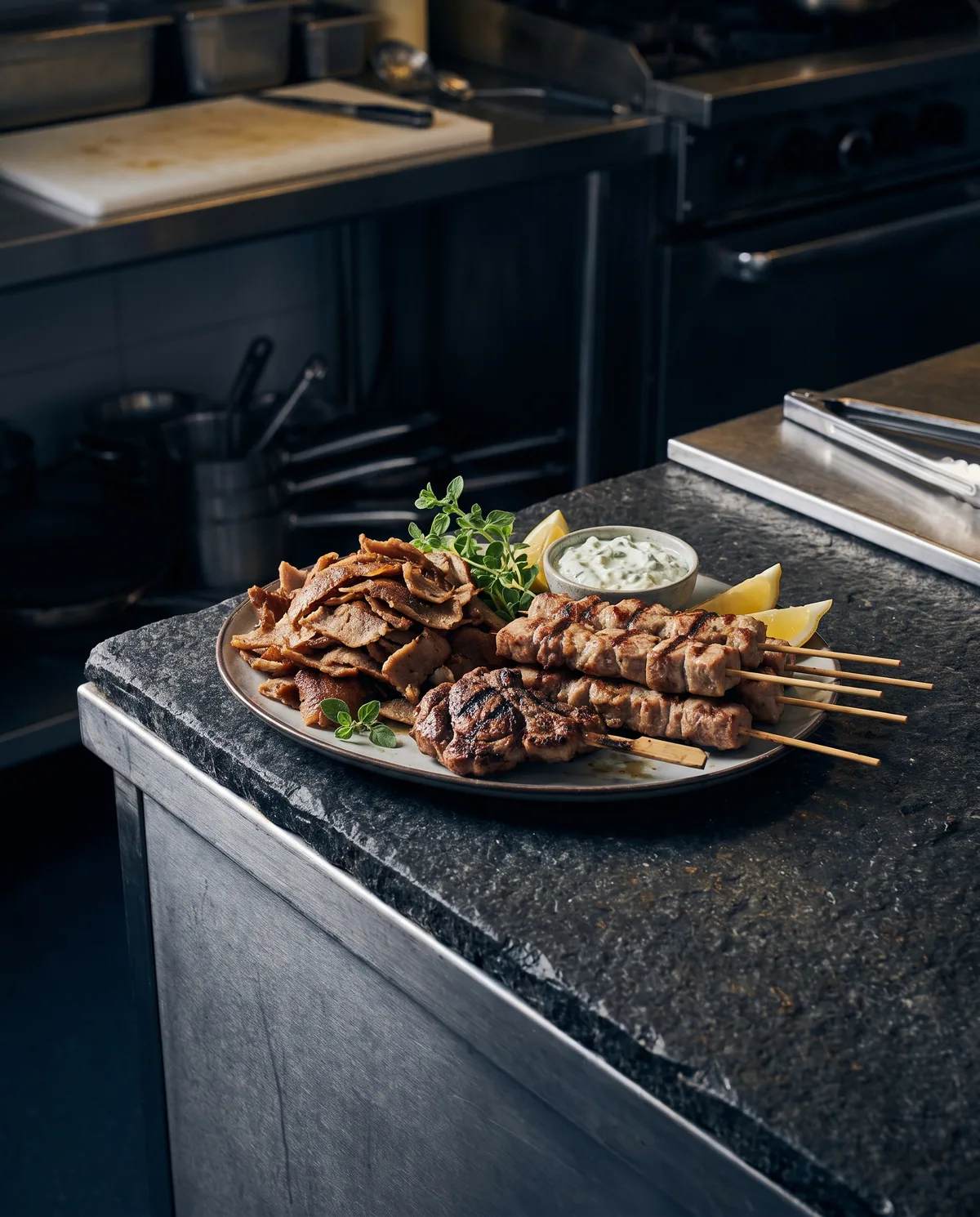 Cooked Greek-style gyros, souvlaki, and kebab portions in a professional kitchen