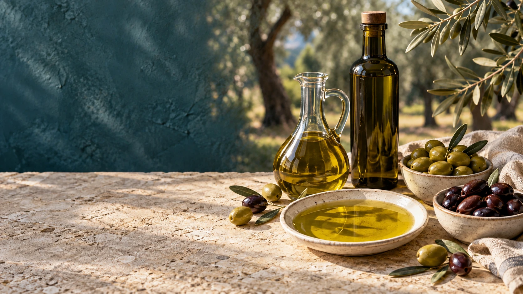 Green-gold olive oil beside green and purple olives on a Mediterranean table