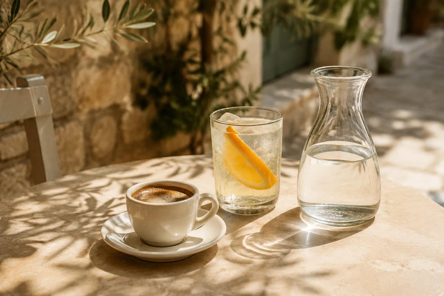 Greek coffee, a citrus drink and mineral water served on a sunlit cafe table