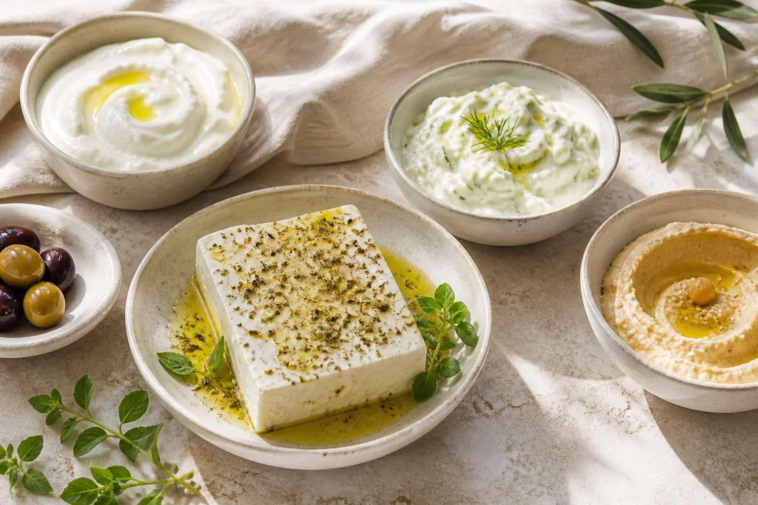 Feta with oregano, Greek yoghurt, tzatziki and hummus on a Mediterranean table
