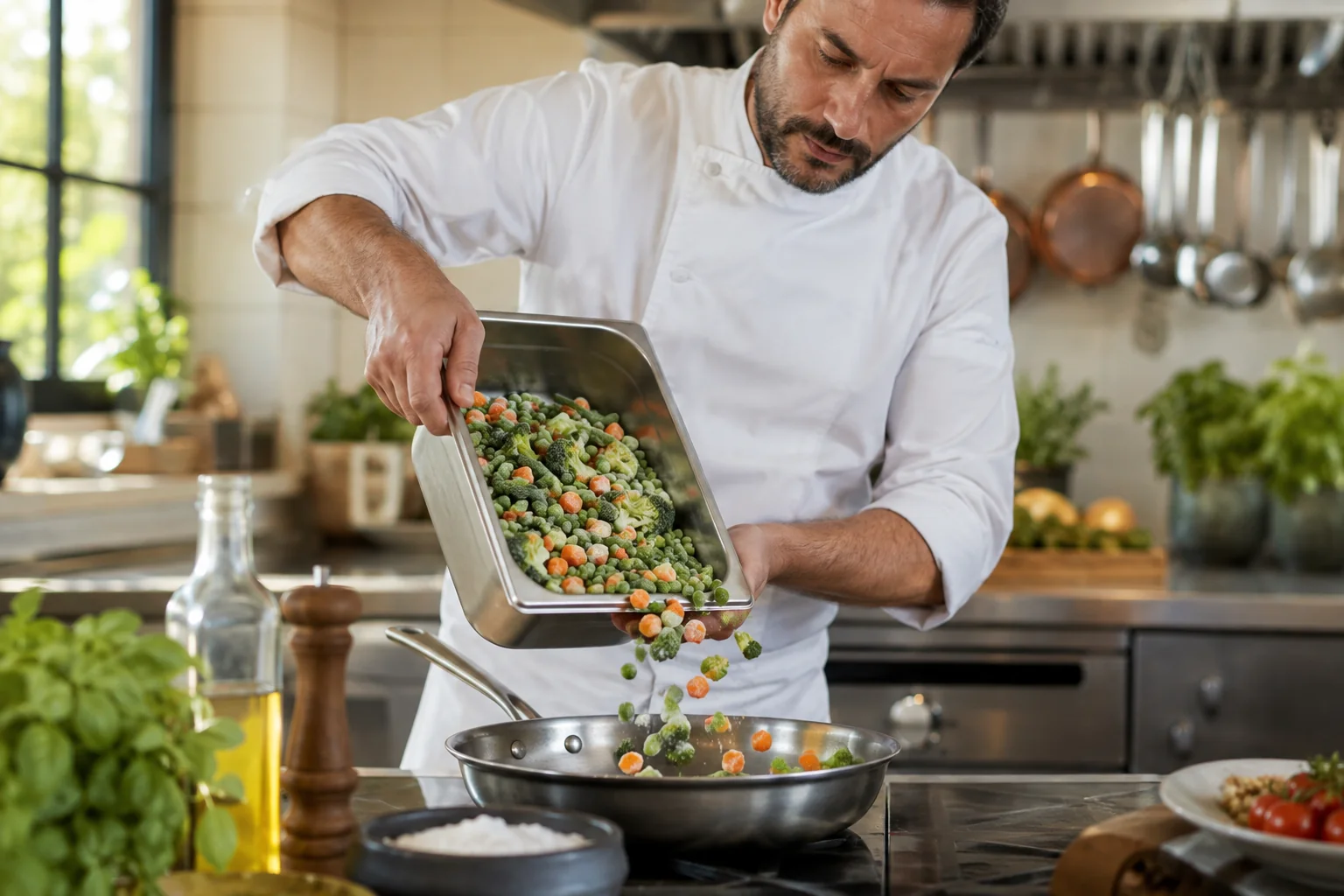 A chef adding colourful frozen vegetables from a preparation tray to a pan