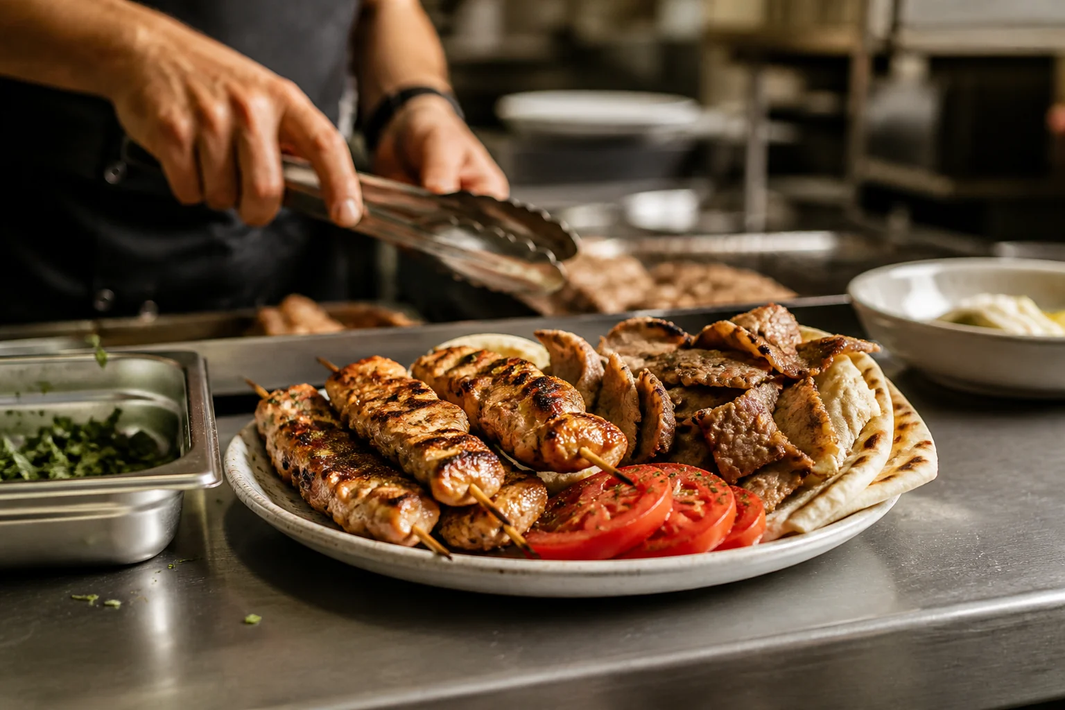 Souvlaki and gyros plated with pita at a professional kitchen pass