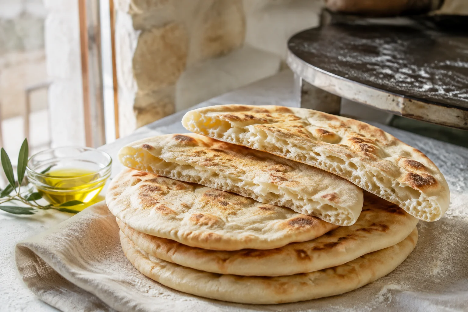 Warm Greek pita bread with toasted bubbles and a torn piece showing its soft crumb