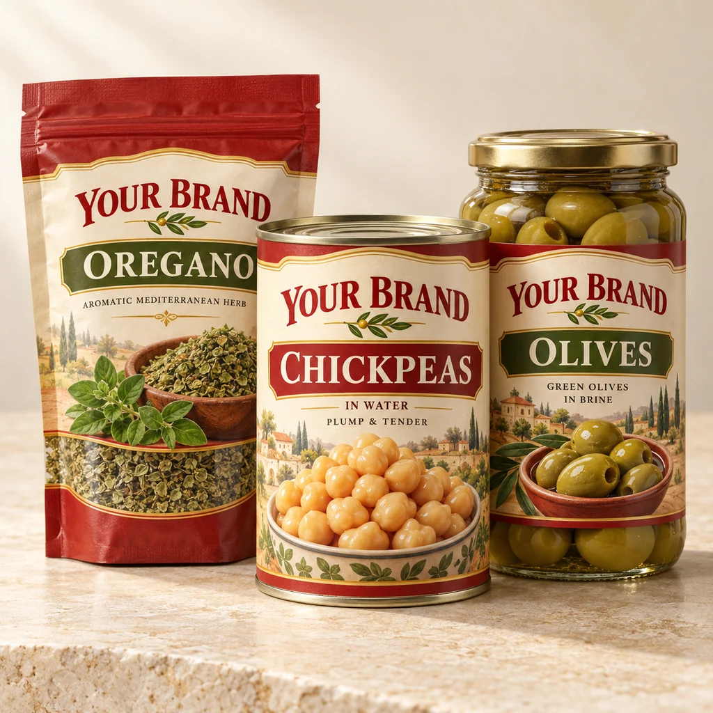 Illustrative classic collection: a chickpea tin, oregano pouch and olive jar with matching cream, red and green labels