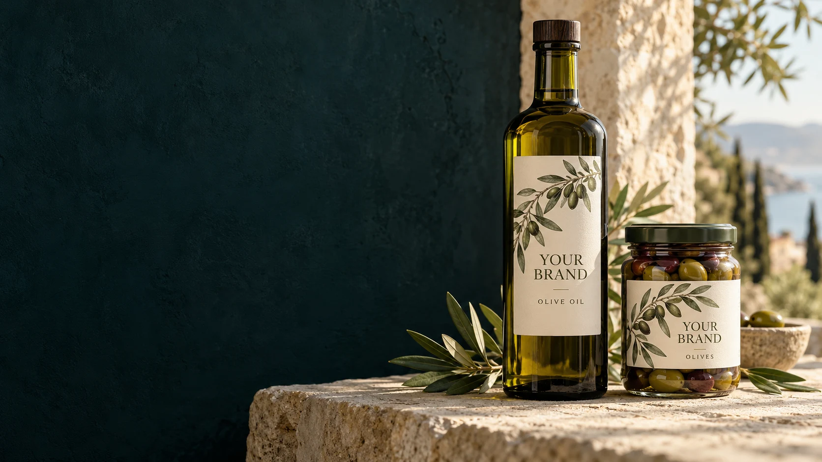 Illustrative olive oil and olive packaging with matching Your Brand labels on Mediterranean limestone