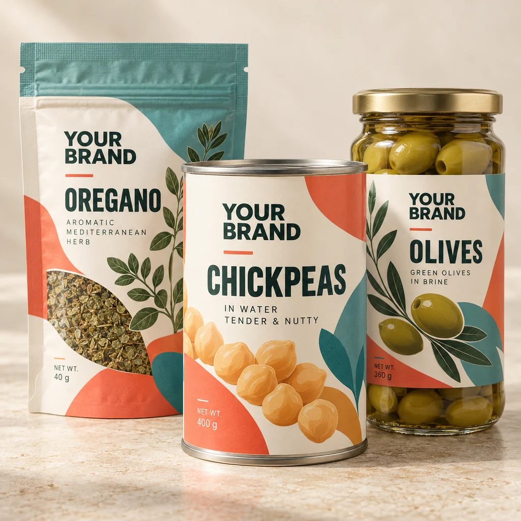 Illustrative modern collection: a chickpea tin, oregano pouch and olive jar with bold typography and coral and turquoise labels