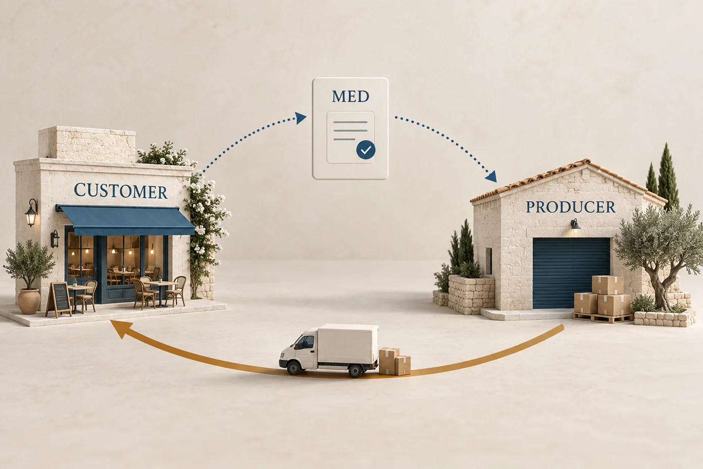 Customer orders coordinated by MED, with the producer shipping directly to the customer