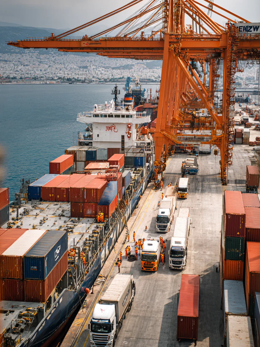 Containers, trucks and cargo handling at a Mediterranean port
