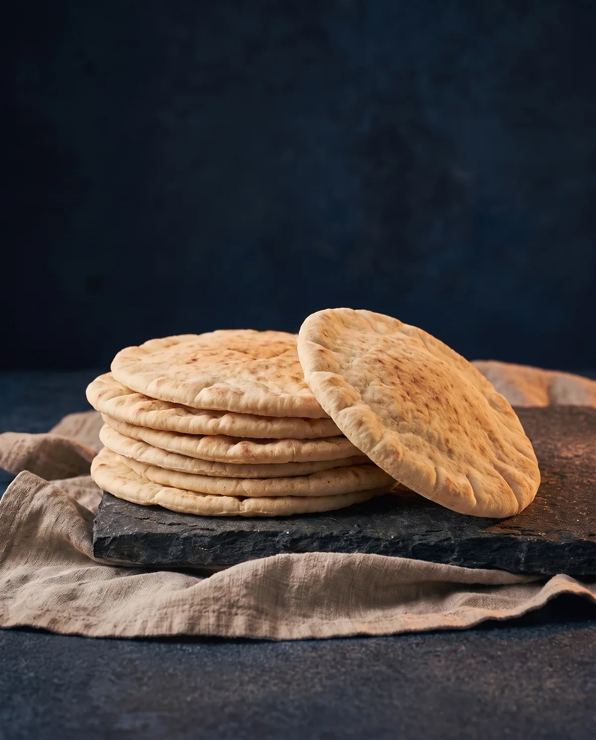 Stack of soft, flat Greek souvlaki pita breads on dark stone