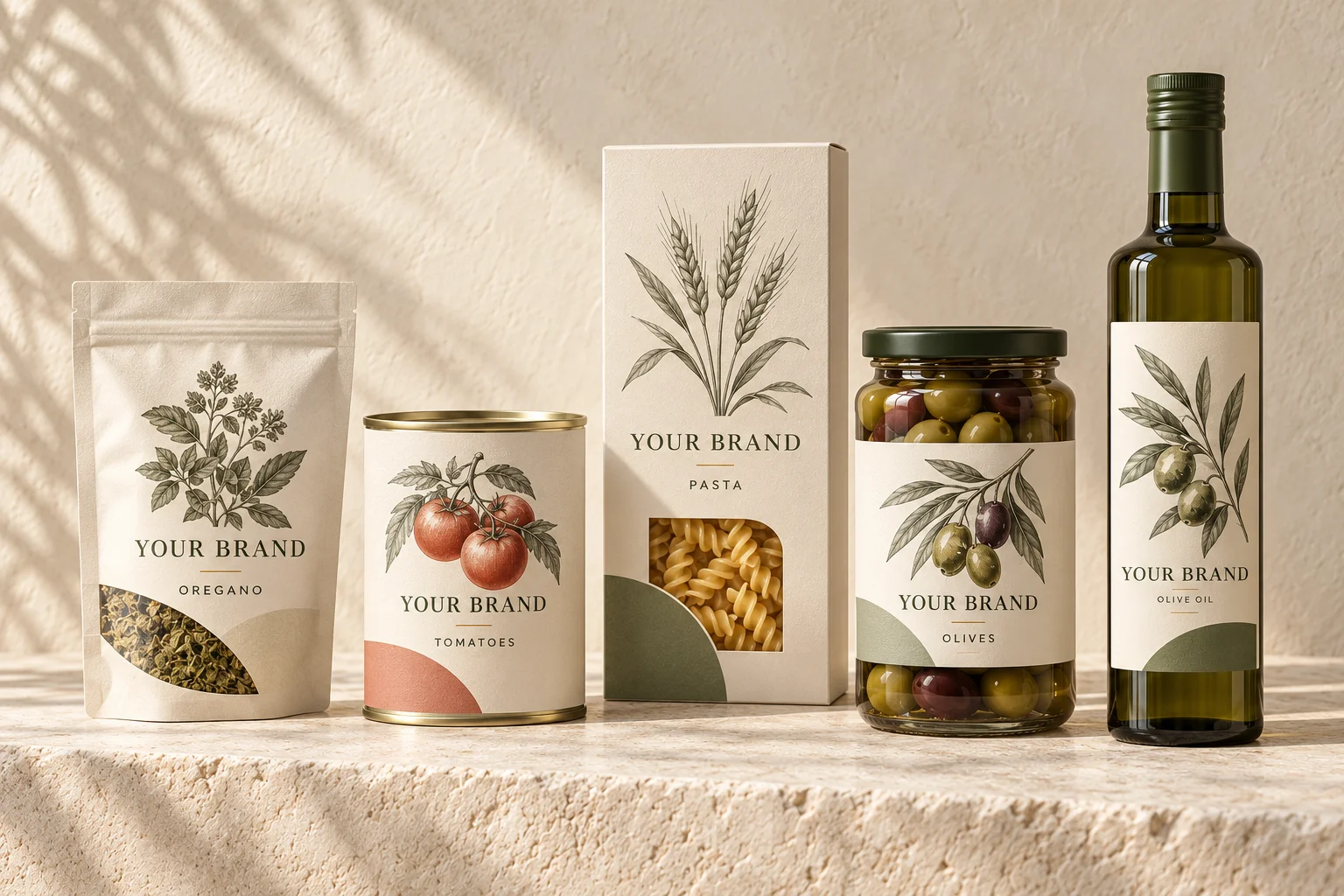 Illustrative Your Brand range: an oregano pouch, tomato can, pasta box, olive jar and olive oil bottle with a matching botanical identity